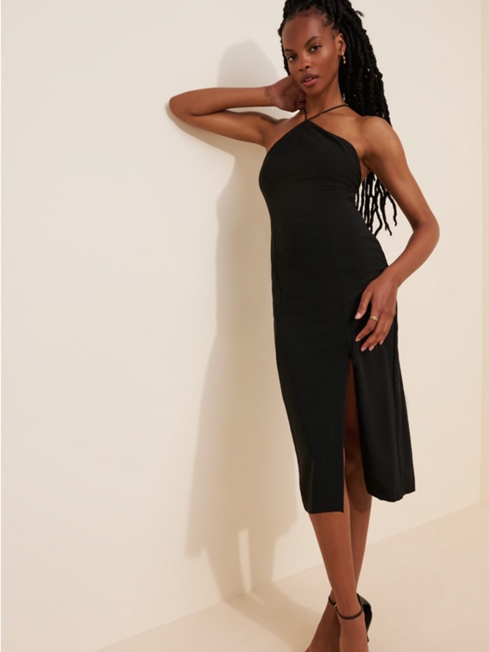 Nuuly Anthropologie Black Halter Midi Dress with Side Slit